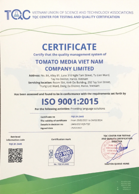 ISO 9001 2015 certificate TOMATO MEDIA