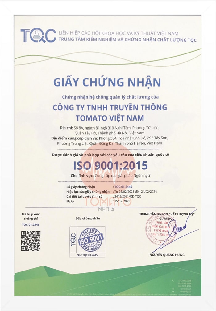 Nên dịch chuyên ngành cơ khí tại Tomato vì đạt chứng nhận ISO 9001 Vi