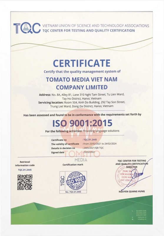 Nên dịch thuật hồ sơ doanh nghiệp tại Tomato vì đạt chứng nhận ISO 9001 En