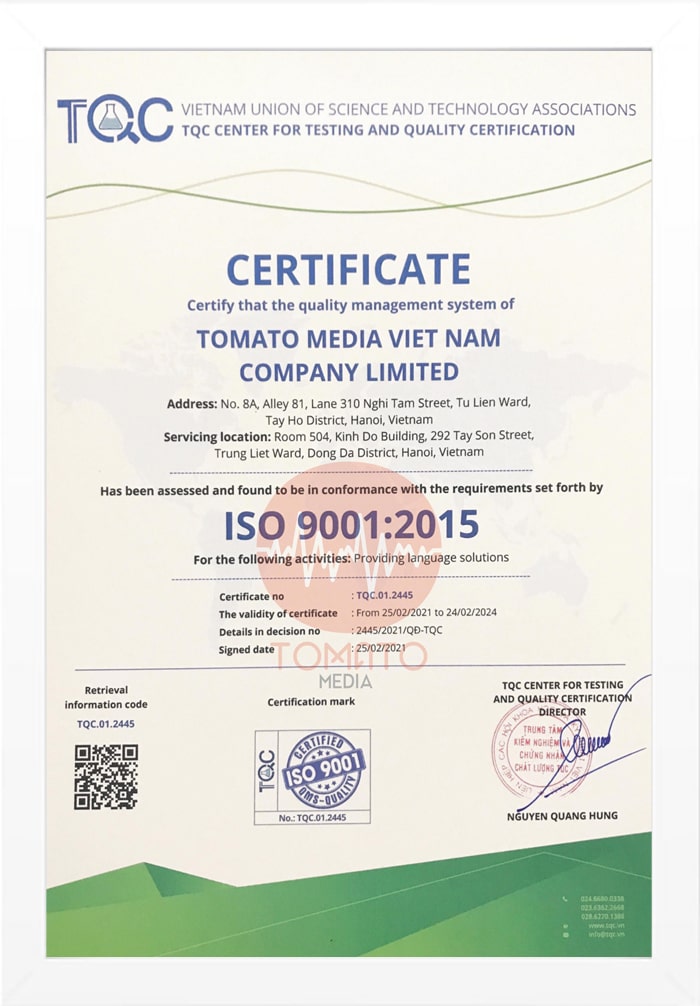 Phiên dịch tiếng Hàn Quốc ISO 9001:2015 - Tiếng Anh