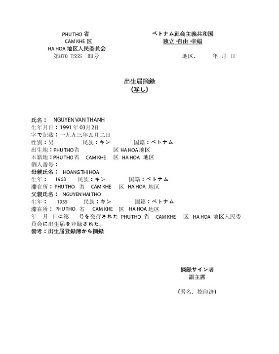 Mẫu bản dịch giấy trích lục khai sinh sang tiếng Nhật