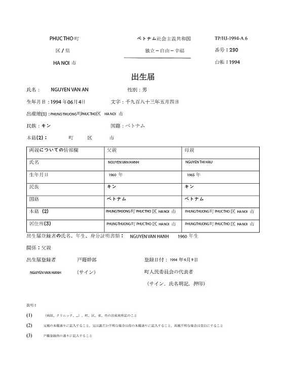 Mẫu bản dịch giấy khai sinh tiếng Nhật theo form TP/HJ-1994-A.6