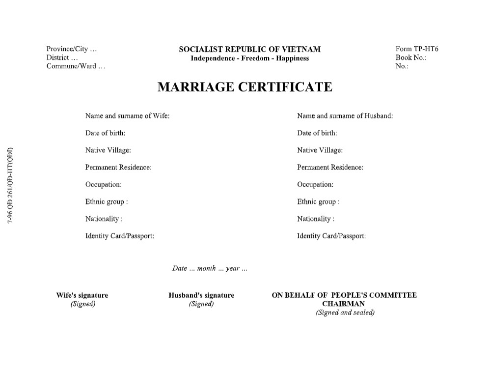 Mẫu dịch thuật giấy đăng ký kết hôn bằng tiếng Anh