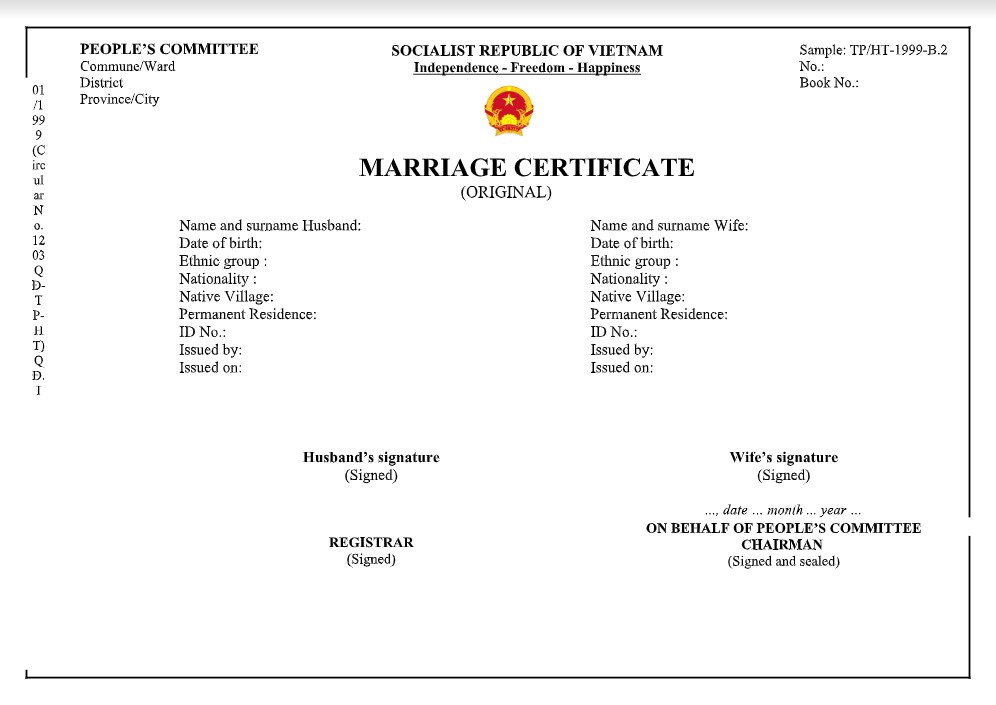 Mẫu dịch giấy đăng ký kết hôn bằng tiếng Anh