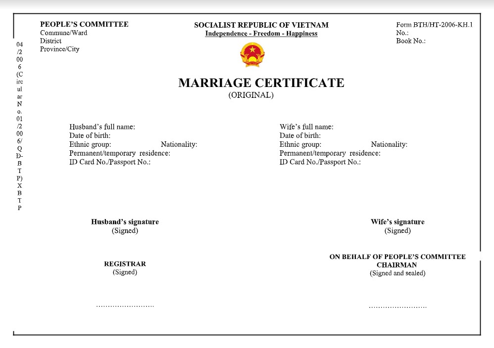 Mẫu dịch thuật giấy chứng nhận kết hôn tiếng Anh