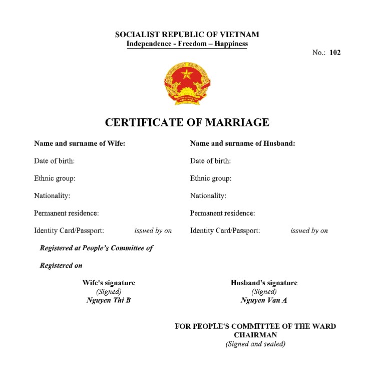 Mẫu dịch thuật giấy chứng nhận kết hôn tiếng Anh form mới