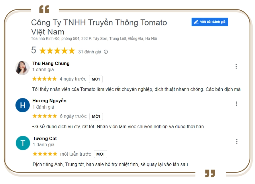 Đánh giá của khách hàng về dịch thuật Nha Trang Tomato