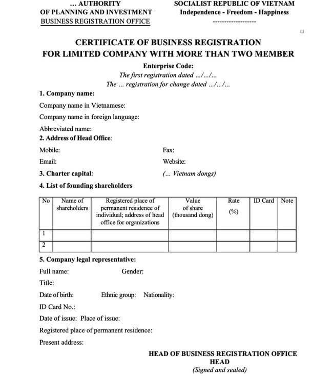 Mẫu giấy chứng nhận đăng ký doanh nghiệp bằng tiếng Anh
