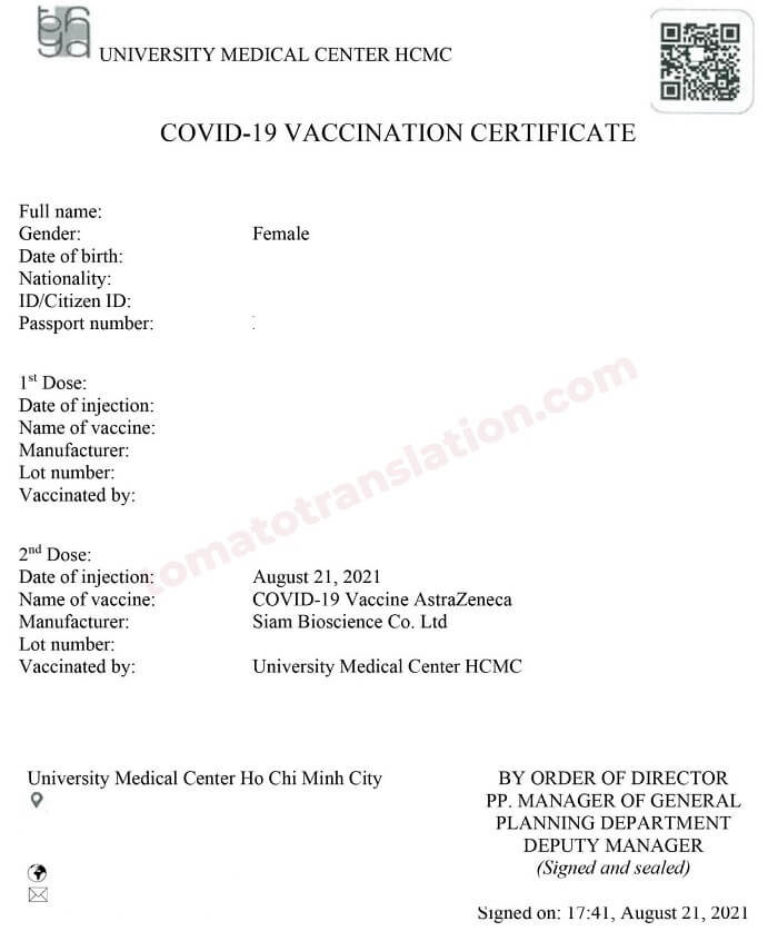 Mẫu dịch thuật và công chứng giấy xác nhận tiêm vắc xin covid