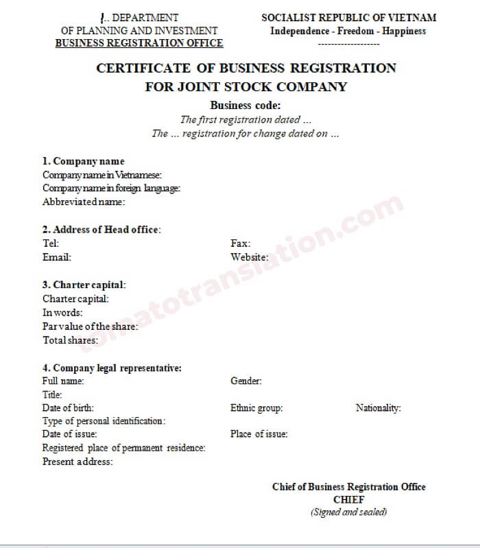 Mẫu dịch thuật và công chứng giấy phép kinh doanh